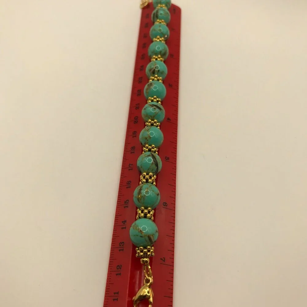 Turquoise Sea Shell Beaded Bracelet with large Stainless Steel Gold Plated Clasp